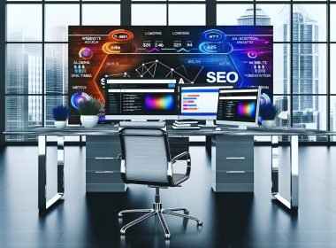 Moderner Arbeitsplatz mit mehreren Monitoren, auf denen SEO-Tools, Diagramme, Website-Analysen und Grafiken zu Ladezeiten, Mobile-Optimierung und Linkbuilding angezeigt werden. Im Hintergrund SEO-Strategien auf einem Whiteboard.