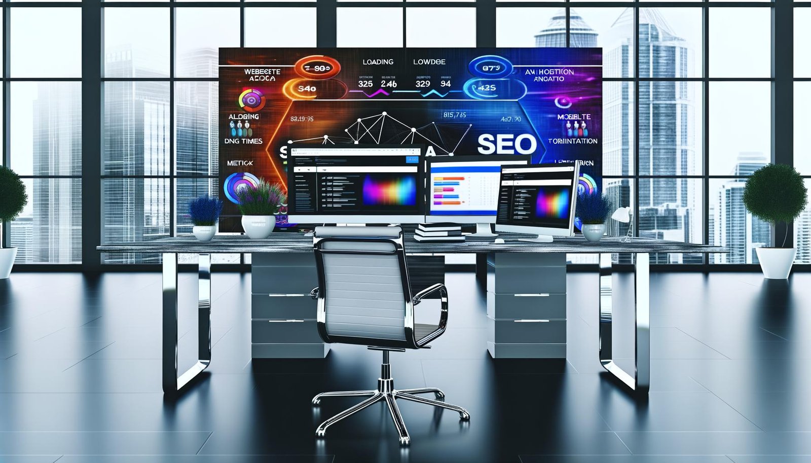 Moderner Arbeitsplatz mit mehreren Monitoren, auf denen SEO-Tools, Diagramme, Website-Analysen und Grafiken zu Ladezeiten, Mobile-Optimierung und Linkbuilding angezeigt werden. Im Hintergrund SEO-Strategien auf einem Whiteboard.