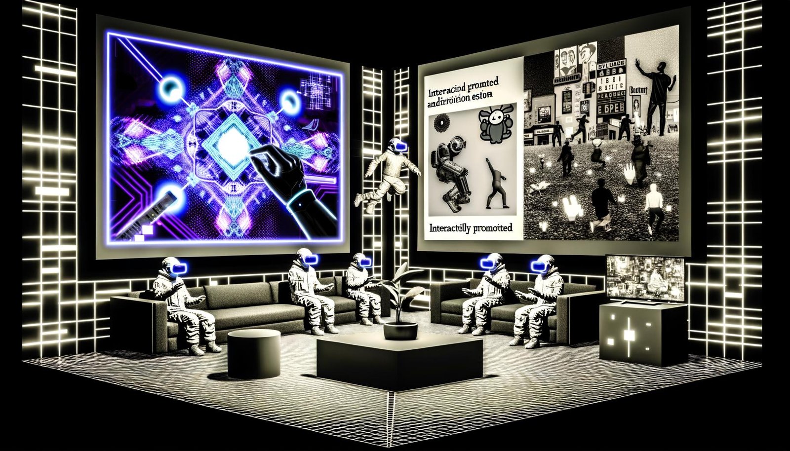 Virtuelle Realität in einer Reddit-Lounge mit Avataren, VR-Headsets und eingebetteten 3D-Anzeigen
