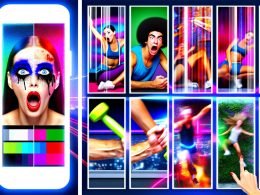 Dynamische Collage eines viralen TikTok-Trends mit überraschter Influencerin im Nahaufnahme, Make-up-Transformation, fliegender Kettlebell, schnellen Jump-Cuts und Neon-Effekten auf pulsierendem, kontrastreichen Hintergrund.