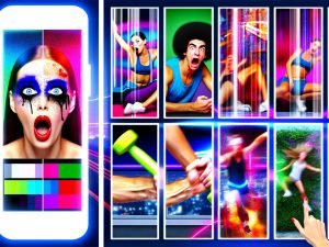 Dynamische Collage eines viralen TikTok-Trends mit überraschter Influencerin im Nahaufnahme, Make-up-Transformation, fliegender Kettlebell, schnellen Jump-Cuts und Neon-Effekten auf pulsierendem, kontrastreichen Hintergrund.