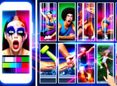 Dynamische Collage eines viralen TikTok-Trends mit überraschter Influencerin im Nahaufnahme, Make-up-Transformation, fliegender Kettlebell, schnellen Jump-Cuts und Neon-Effekten auf pulsierendem, kontrastreichen Hintergrund.