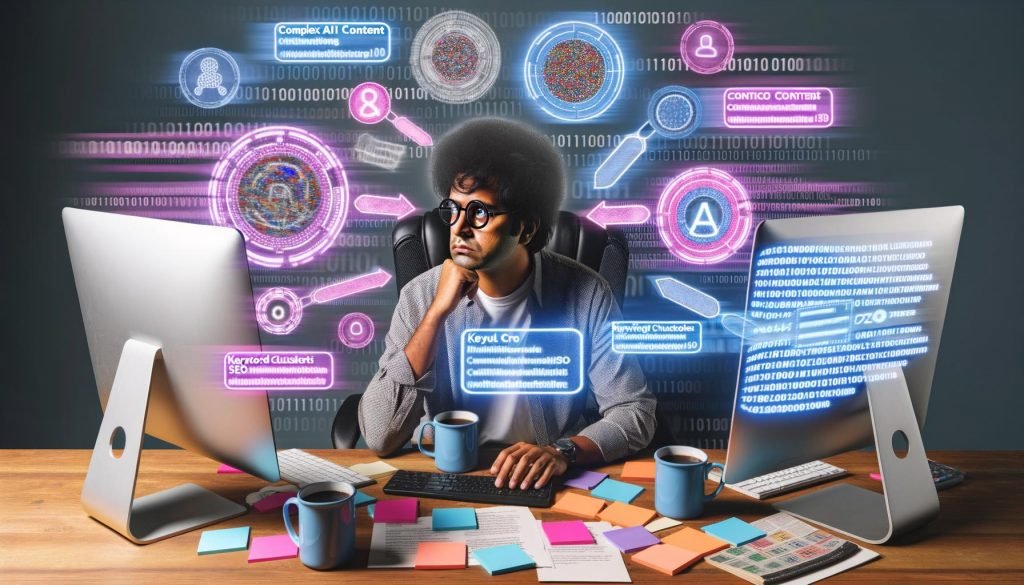 Moderner Content-Profi an Schreibtisch mit mehreren Geräten, KI-Tools, Keyword-Clouds, SEO-Grafiken und digitalen Elementen im Arbeitsbereich