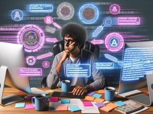 Moderner Content-Profi an Schreibtisch mit mehreren Geräten, KI-Tools, Keyword-Clouds, SEO-Grafiken und digitalen Elementen im Arbeitsbereich