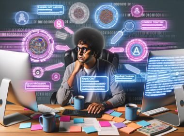 Moderner Content-Profi an Schreibtisch mit mehreren Geräten, KI-Tools, Keyword-Clouds, SEO-Grafiken und digitalen Elementen im Arbeitsbereich