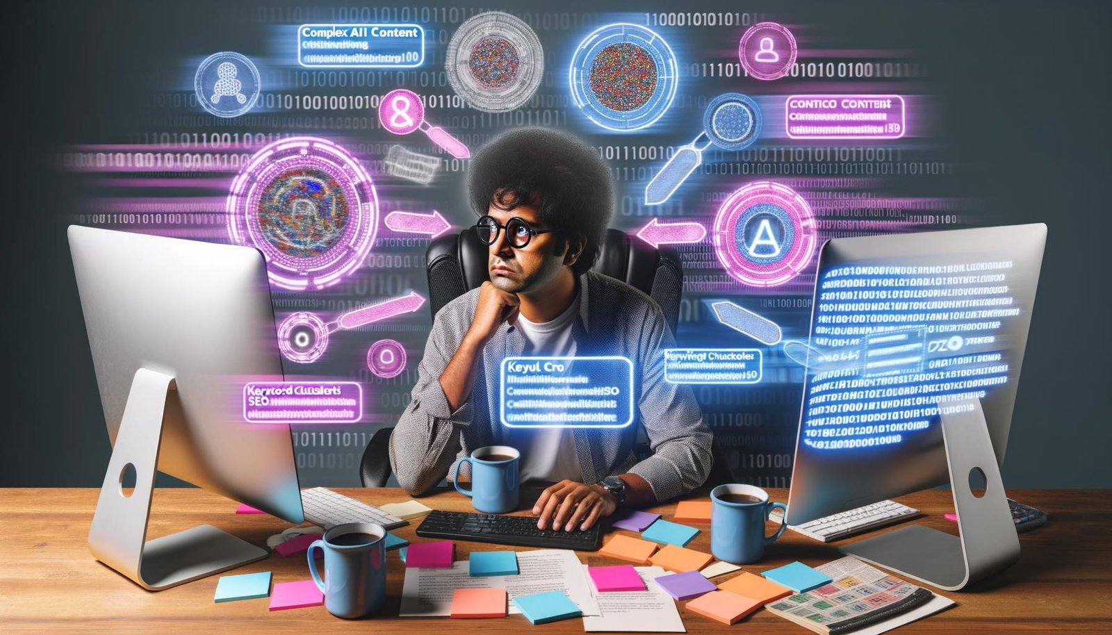 Moderner Content-Profi an Schreibtisch mit mehreren Geräten, KI-Tools, Keyword-Clouds, SEO-Grafiken und digitalen Elementen im Arbeitsbereich