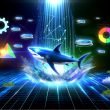 Dramatisches Titelbild mit einem Hai in einer futuristischen digitalen Landschaft, umgeben von leuchtenden Datenströmen, Webseiten-Fragmenten, SEO-Symbolen und einem E-E-A-T-Siegel.