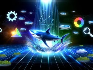 Dramatisches Titelbild mit einem Hai in einer futuristischen digitalen Landschaft, umgeben von leuchtenden Datenströmen, Webseiten-Fragmenten, SEO-Symbolen und einem E-E-A-T-Siegel.