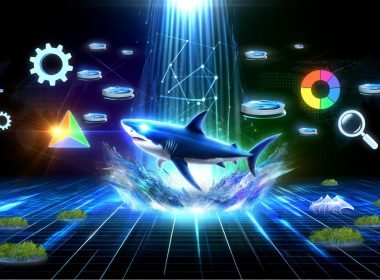 Dramatisches Titelbild mit einem Hai in einer futuristischen digitalen Landschaft, umgeben von leuchtenden Datenströmen, Webseiten-Fragmenten, SEO-Symbolen und einem E-E-A-T-Siegel.