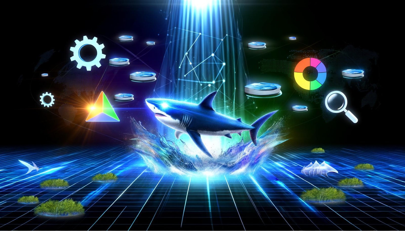 Dramatisches Titelbild mit einem Hai in einer futuristischen digitalen Landschaft, umgeben von leuchtenden Datenströmen, Webseiten-Fragmenten, SEO-Symbolen und einem E-E-A-T-Siegel.