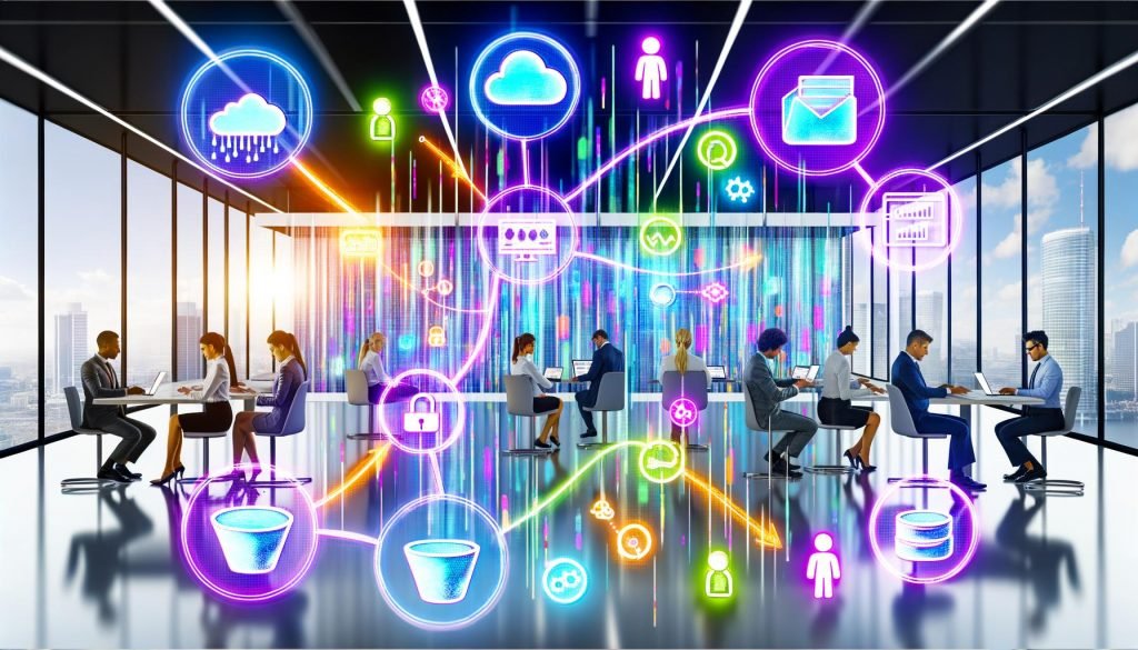 Modernes Büro mit Business-Personen, bunten Datenströmen, digitalen Dashboards und Diagrammen; zentrale Datenplattform verbindet verschiedene Datenquellen wie CRM, Social Media und Cloud; Szenen zu Datenmanagement, Implementierungsschritten und Stolperfallen beim Aufbau einer datengetriebenen Entscheidungsfindung.