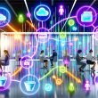 Modernes Büro mit Business-Personen, bunten Datenströmen, digitalen Dashboards und Diagrammen; zentrale Datenplattform verbindet verschiedene Datenquellen wie CRM, Social Media und Cloud; Szenen zu Datenmanagement, Implementierungsschritten und Stolperfallen beim Aufbau einer datengetriebenen Entscheidungsfindung.