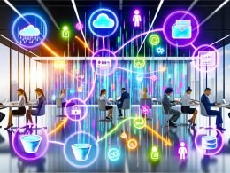 Modernes Büro mit Business-Personen, bunten Datenströmen, digitalen Dashboards und Diagrammen; zentrale Datenplattform verbindet verschiedene Datenquellen wie CRM, Social Media und Cloud; Szenen zu Datenmanagement, Implementierungsschritten und Stolperfallen beim Aufbau einer datengetriebenen Entscheidungsfindung.
