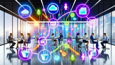 Modernes Büro mit Business-Personen, bunten Datenströmen, digitalen Dashboards und Diagrammen; zentrale Datenplattform verbindet verschiedene Datenquellen wie CRM, Social Media und Cloud; Szenen zu Datenmanagement, Implementierungsschritten und Stolperfallen beim Aufbau einer datengetriebenen Entscheidungsfindung.