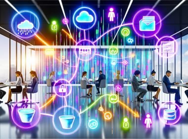 Modernes Büro mit Business-Personen, bunten Datenströmen, digitalen Dashboards und Diagrammen; zentrale Datenplattform verbindet verschiedene Datenquellen wie CRM, Social Media und Cloud; Szenen zu Datenmanagement, Implementierungsschritten und Stolperfallen beim Aufbau einer datengetriebenen Entscheidungsfindung.
