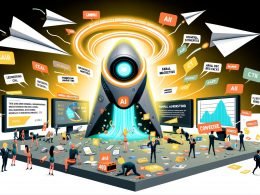 Modernes Editorial-Cover mit KI-Agenten-Maschine gegen klassische Werbung, Marketer wirken verwundert, AI jongliert Daten und Creatives, stark kontrastreiche und dynamische Szene.