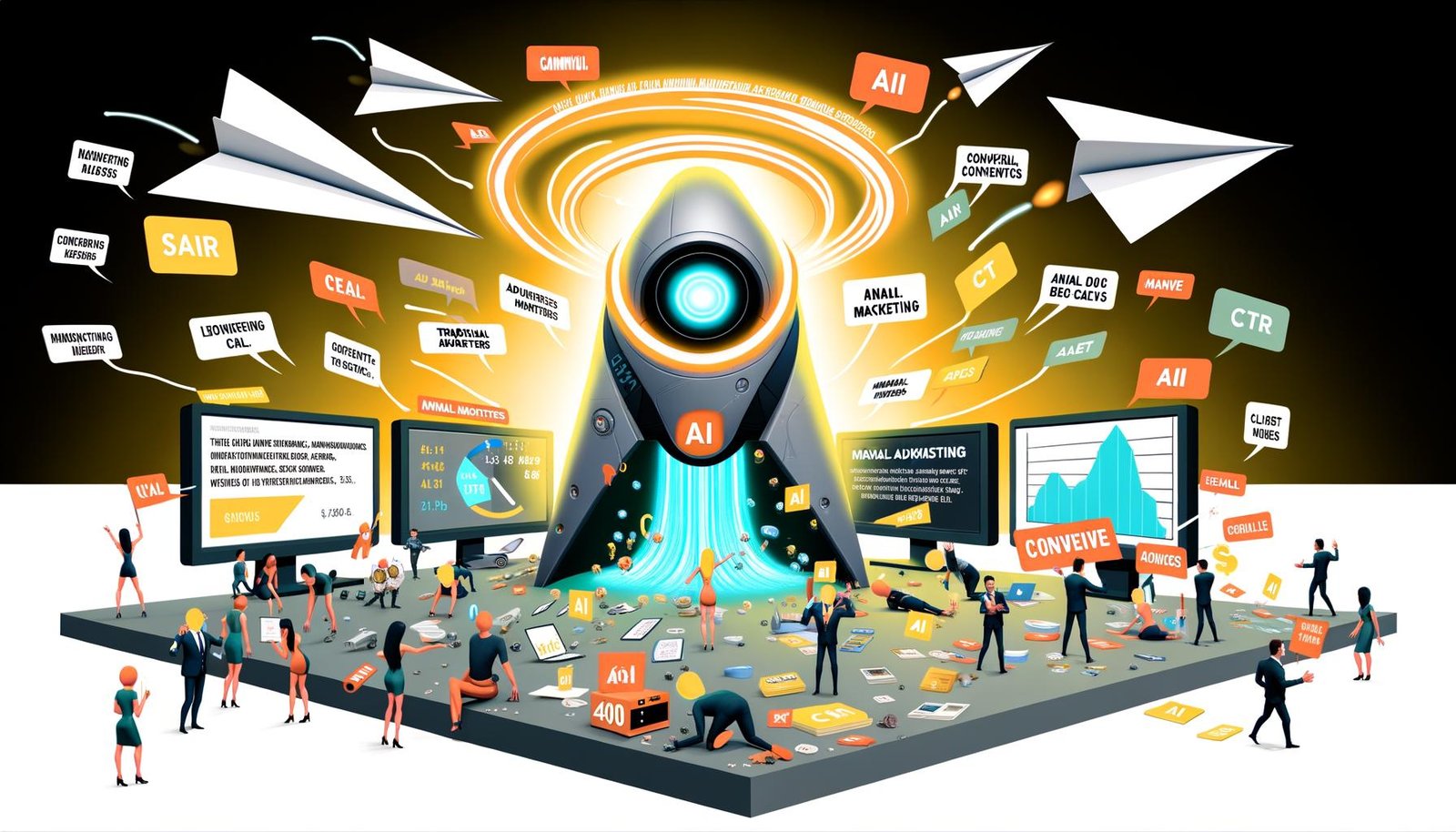 Modernes Editorial-Cover mit KI-Agenten-Maschine gegen klassische Werbung, Marketer wirken verwundert, AI jongliert Daten und Creatives, stark kontrastreiche und dynamische Szene.