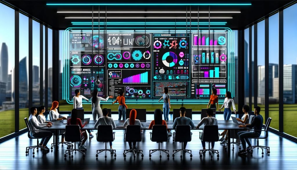 Futuristisches Büro mit digitalem Dashboard, das vielfältige Analytics und Content-Metriken zeigt. Fachkräfte interagieren mit Datenvisualisierungen, neonbeleuchtetes Hightech-Workspace, Automation und urbane Skyline im Hintergrund.