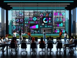 Futuristisches Büro mit digitalem Dashboard, das vielfältige Analytics und Content-Metriken zeigt. Fachkräfte interagieren mit Datenvisualisierungen, neonbeleuchtetes Hightech-Workspace, Automation und urbane Skyline im Hintergrund.
