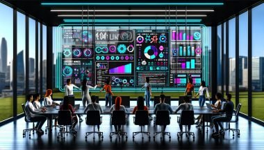 Futuristisches Büro mit digitalem Dashboard, das vielfältige Analytics und Content-Metriken zeigt. Fachkräfte interagieren mit Datenvisualisierungen, neonbeleuchtetes Hightech-Workspace, Automation und urbane Skyline im Hintergrund.