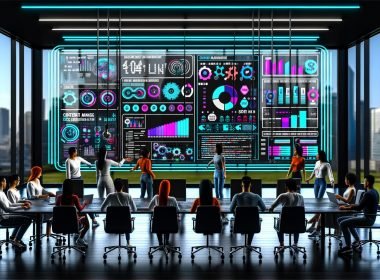 Futuristisches Büro mit digitalem Dashboard, das vielfältige Analytics und Content-Metriken zeigt. Fachkräfte interagieren mit Datenvisualisierungen, neonbeleuchtetes Hightech-Workspace, Automation und urbane Skyline im Hintergrund.