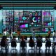 Futuristisches Büro mit digitalem Dashboard, das vielfältige Analytics und Content-Metriken zeigt. Fachkräfte interagieren mit Datenvisualisierungen, neonbeleuchtetes Hightech-Workspace, Automation und urbane Skyline im Hintergrund.
