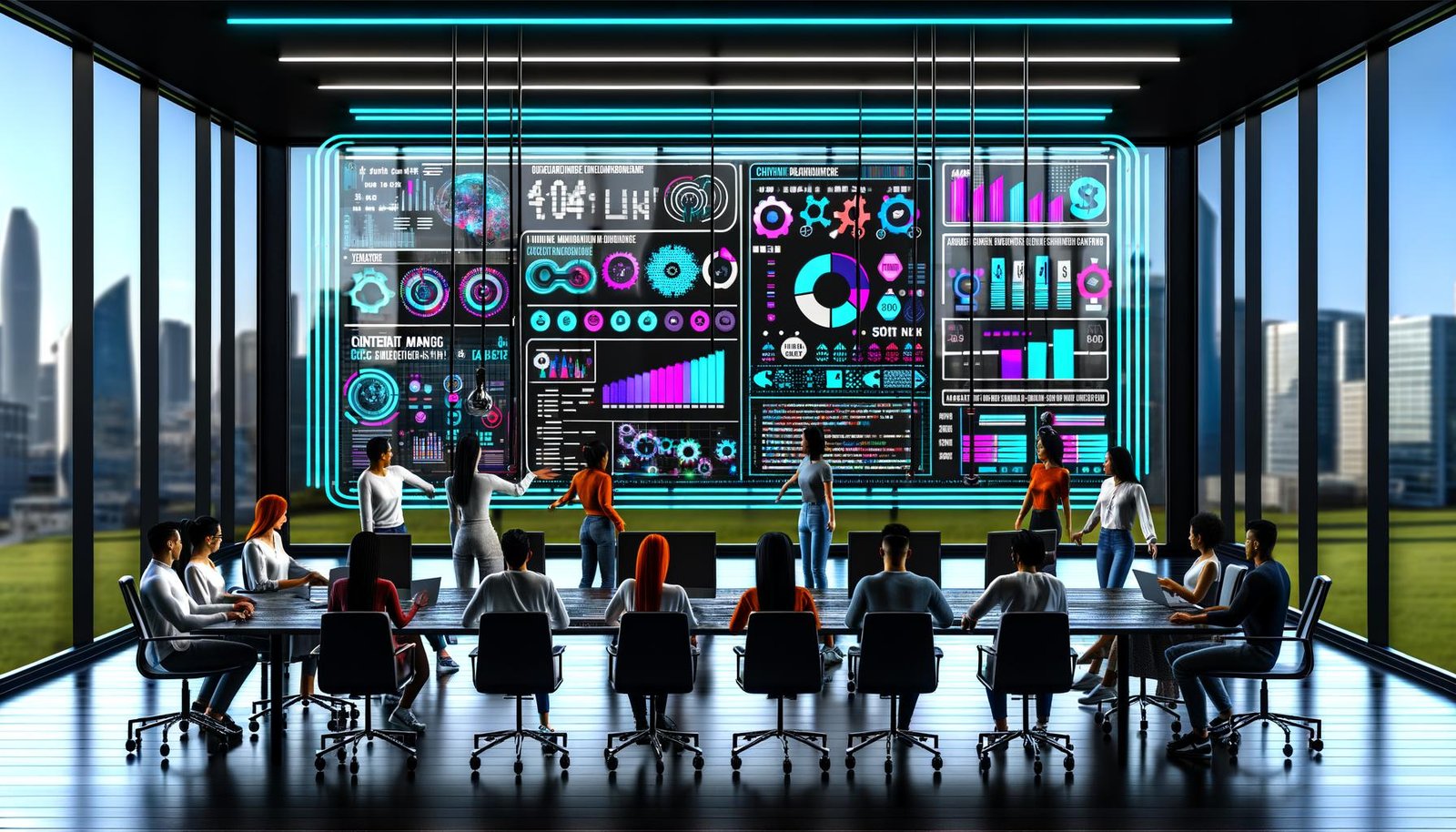 Futuristisches Büro mit digitalem Dashboard, das vielfältige Analytics und Content-Metriken zeigt. Fachkräfte interagieren mit Datenvisualisierungen, neonbeleuchtetes Hightech-Workspace, Automation und urbane Skyline im Hintergrund.