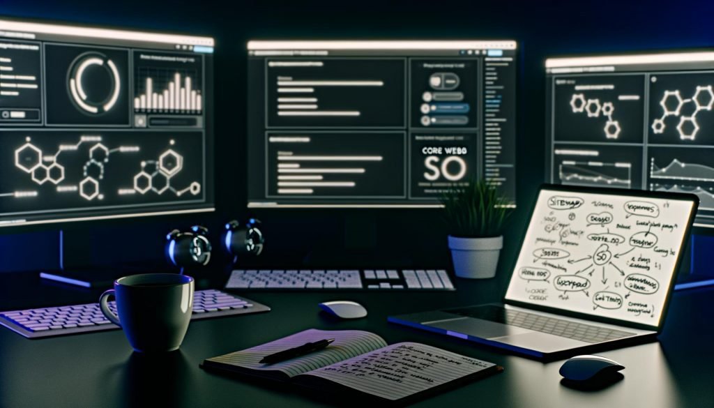 Moderner Schreibtisch mit mehreren Monitoren, die WordPress-Dashboards, Ladegeschwindigkeit-Analysen und technische SEO-Diagramme zeigen, daneben Kaffee, Notizen, Laptop mit SEO-Plugin und Notizbuch mit SEO-Strategien.