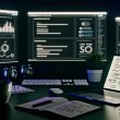 Moderner Schreibtisch mit mehreren Monitoren, die WordPress-Dashboards, Ladegeschwindigkeit-Analysen und technische SEO-Diagramme zeigen, daneben Kaffee, Notizen, Laptop mit SEO-Plugin und Notizbuch mit SEO-Strategien.