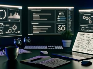 Moderner Schreibtisch mit mehreren Monitoren, die WordPress-Dashboards, Ladegeschwindigkeit-Analysen und technische SEO-Diagramme zeigen, daneben Kaffee, Notizen, Laptop mit SEO-Plugin und Notizbuch mit SEO-Strategien.