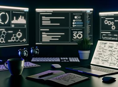 Moderner Schreibtisch mit mehreren Monitoren, die WordPress-Dashboards, Ladegeschwindigkeit-Analysen und technische SEO-Diagramme zeigen, daneben Kaffee, Notizen, Laptop mit SEO-Plugin und Notizbuch mit SEO-Strategien.
