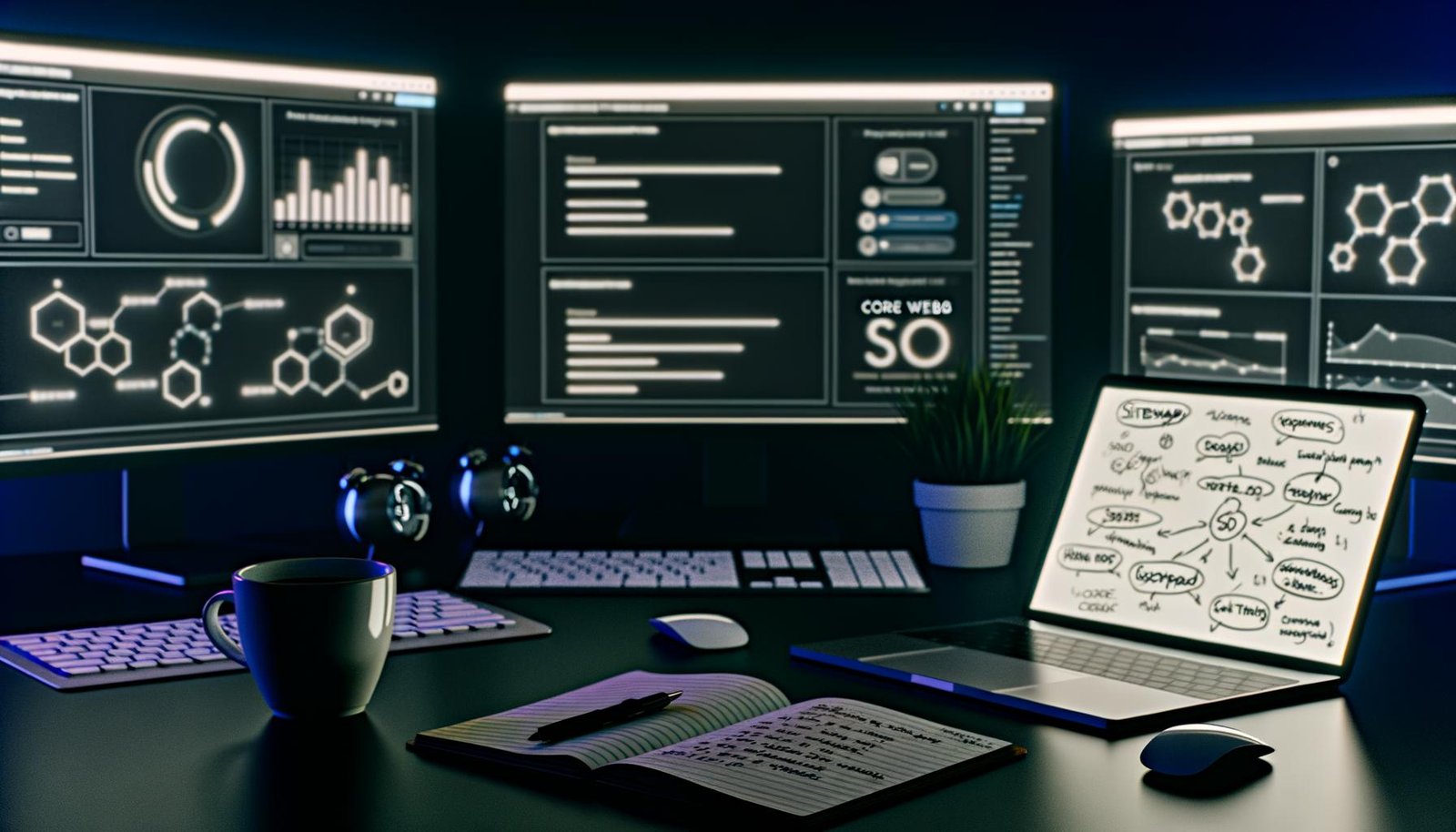 Moderner Schreibtisch mit mehreren Monitoren, die WordPress-Dashboards, Ladegeschwindigkeit-Analysen und technische SEO-Diagramme zeigen, daneben Kaffee, Notizen, Laptop mit SEO-Plugin und Notizbuch mit SEO-Strategien.
