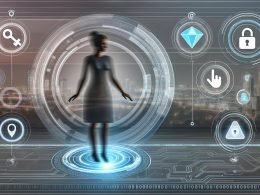Abstrahierte Silhouette eines Marketingmanagers auf digitaler Schnittstelle mit schwebenden Datenpunkten, Symbolen für Datenschutz, Transparenz und Kontrolle, vor urbanem, tech-inspiriertem Hintergrund.