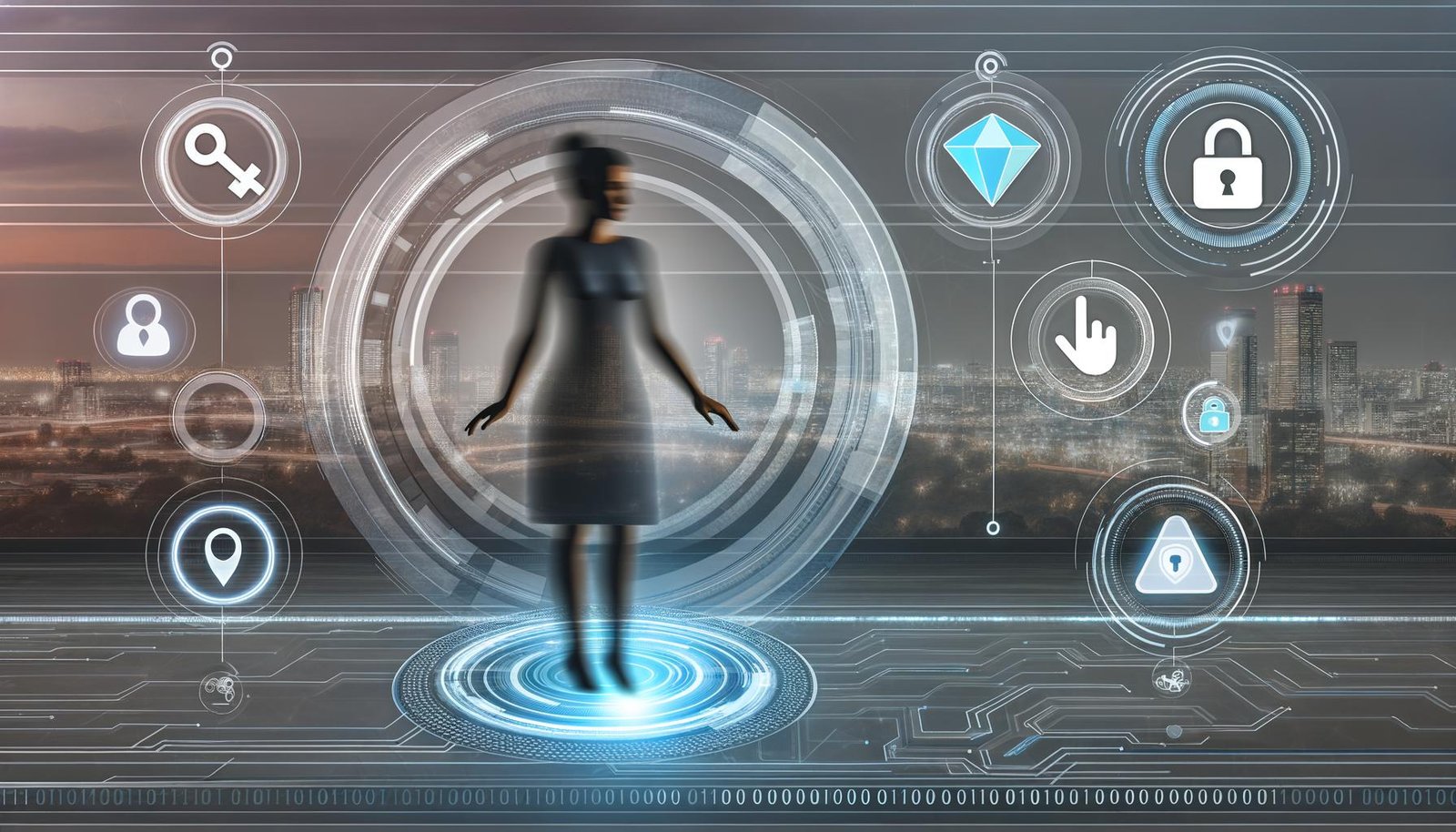 Abstrahierte Silhouette eines Marketingmanagers auf digitaler Schnittstelle mit schwebenden Datenpunkten, Symbolen für Datenschutz, Transparenz und Kontrolle, vor urbanem, tech-inspiriertem Hintergrund.