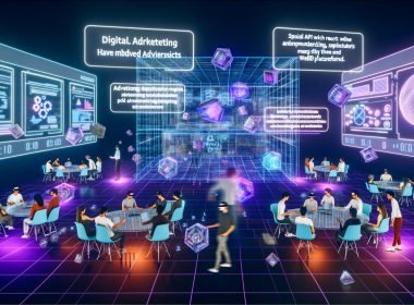 Futuristischer 3D-Arbeitsplatz mit Digital-Marketing-Team, das mit schwebenden Revcontent-Werbebildschirmen, 3D-Architekturdiagrammen und Analytics-Charts arbeitet