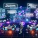 Futuristischer 3D-Arbeitsplatz mit Digital-Marketing-Team, das mit schwebenden Revcontent-Werbebildschirmen, 3D-Architekturdiagrammen und Analytics-Charts arbeitet