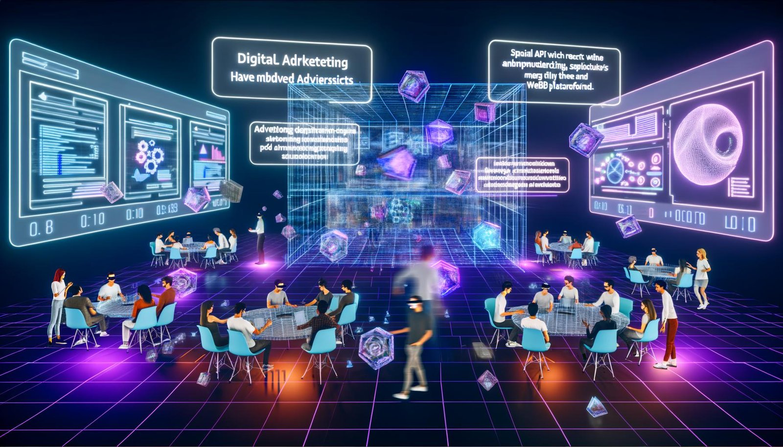 Futuristischer 3D-Arbeitsplatz mit Digital-Marketing-Team, das mit schwebenden Revcontent-Werbebildschirmen, 3D-Architekturdiagrammen und Analytics-Charts arbeitet