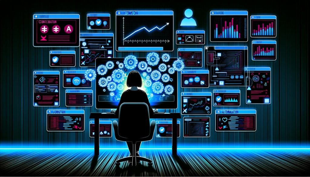 Editorial-Illustration eines Content Creators vor Monitoren mit Datenströmen, X (Twitter)-Logos, Automatisierungs- und KI-Symbolen in kontrastreicher, moderner Ästhetik