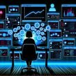 Editorial-Illustration eines Content Creators vor Monitoren mit Datenströmen, X (Twitter)-Logos, Automatisierungs- und KI-Symbolen in kontrastreicher, moderner Ästhetik