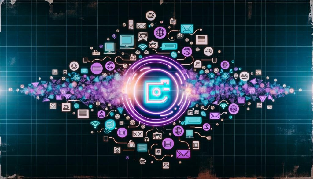 Collage aus digitalem Content-Titel, umgeben von Kanal-Icons, Neon-Linien und technischen Overlays. Am Rand verblassende Retro-Blog- und Papier-Elemente, modern und kontrastreich gestaltet.