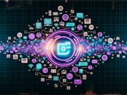 Collage aus digitalem Content-Titel, umgeben von Kanal-Icons, Neon-Linien und technischen Overlays. Am Rand verblassende Retro-Blog- und Papier-Elemente, modern und kontrastreich gestaltet.
