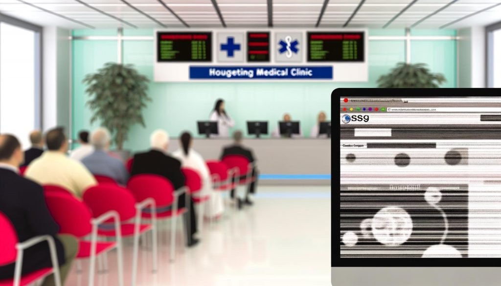Moderne Arztpraxis mit Hightech-Geräten und einem veralteten Computerbildschirm, auf dem eine unzeitgemäße, schlecht lesbare Webseite angezeigt wird. Im Hintergrund leere Wartezone, Patienten verlassen die Praxis in Richtung Konkurrenz.
