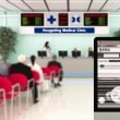Moderne Arztpraxis mit Hightech-Geräten und einem veralteten Computerbildschirm, auf dem eine unzeitgemäße, schlecht lesbare Webseite angezeigt wird. Im Hintergrund leere Wartezone, Patienten verlassen die Praxis in Richtung Konkurrenz.