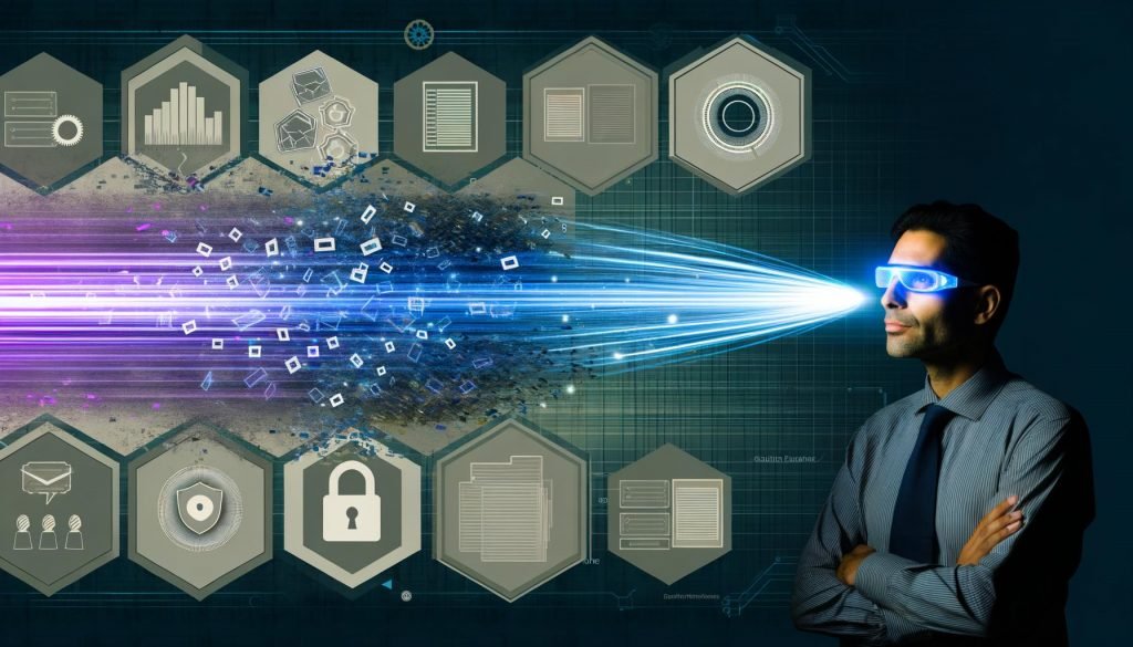 Modernes Magazin-Cover mit abstrahiertem Datenstrom, blauen und violetten Lichtakzenten, umgeben von Tech-Symbolen und Business-Protagonist mit Datenbrille.