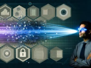 Modernes Magazin-Cover mit abstrahiertem Datenstrom, blauen und violetten Lichtakzenten, umgeben von Tech-Symbolen und Business-Protagonist mit Datenbrille.