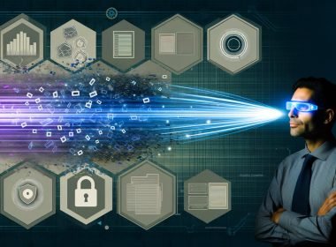 Modernes Magazin-Cover mit abstrahiertem Datenstrom, blauen und violetten Lichtakzenten, umgeben von Tech-Symbolen und Business-Protagonist mit Datenbrille.