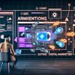 Digital-Marketer betrachtet Laptop mit Augmented-Reality-Native-Ads, schwebenden 3D-Produkten und High-Tech-Tracking-Dashboards in urbaner, cyberpunkartiger Umgebung.