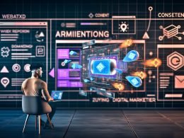 Digital-Marketer betrachtet Laptop mit Augmented-Reality-Native-Ads, schwebenden 3D-Produkten und High-Tech-Tracking-Dashboards in urbaner, cyberpunkartiger Umgebung.