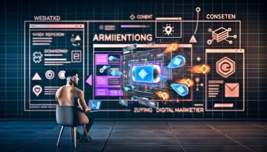 Digital-Marketer betrachtet Laptop mit Augmented-Reality-Native-Ads, schwebenden 3D-Produkten und High-Tech-Tracking-Dashboards in urbaner, cyberpunkartiger Umgebung.