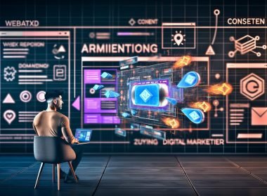 Digital-Marketer betrachtet Laptop mit Augmented-Reality-Native-Ads, schwebenden 3D-Produkten und High-Tech-Tracking-Dashboards in urbaner, cyberpunkartiger Umgebung.